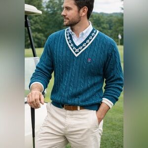 VTG IZOD Cable Knit Cricket Sweater Teal V-Neck Crest Preppy Golf—Mens Large